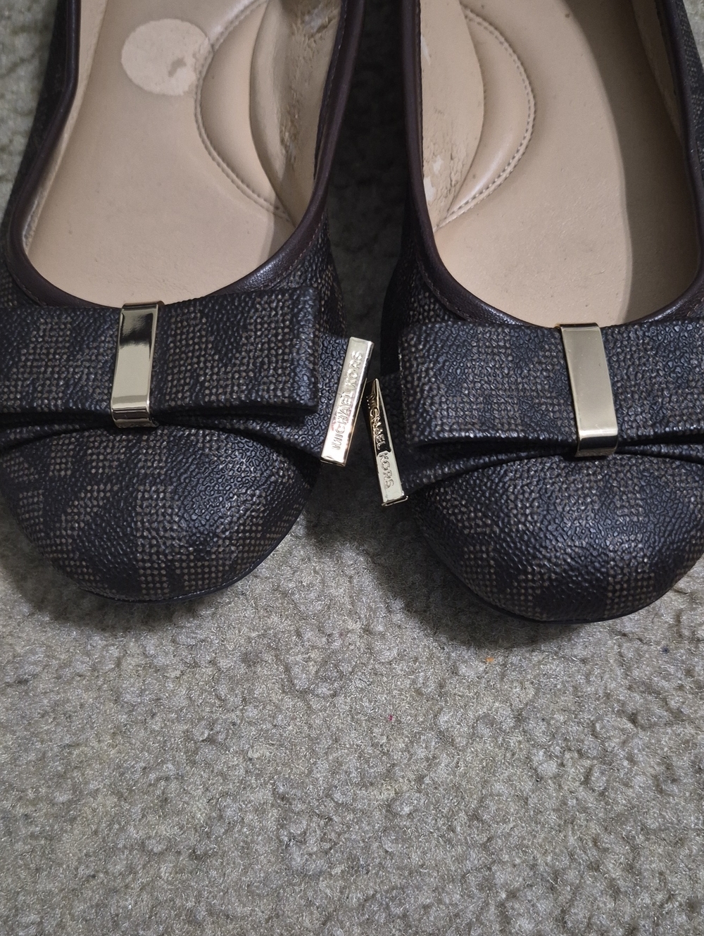 Michael Kors Dark Brown Logo-Print Bow Ballet Flats with Gold Accents